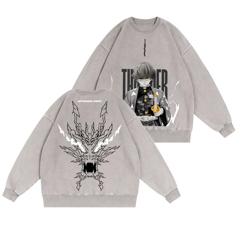 Zenitsu Demon Slayer Vintage Washed Pullover Crew Neck Sweatshirt